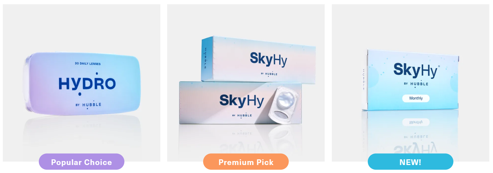 Hubble Contacts product lineup: HYDRO, SkyHy Daily, and SkyHy Monthly