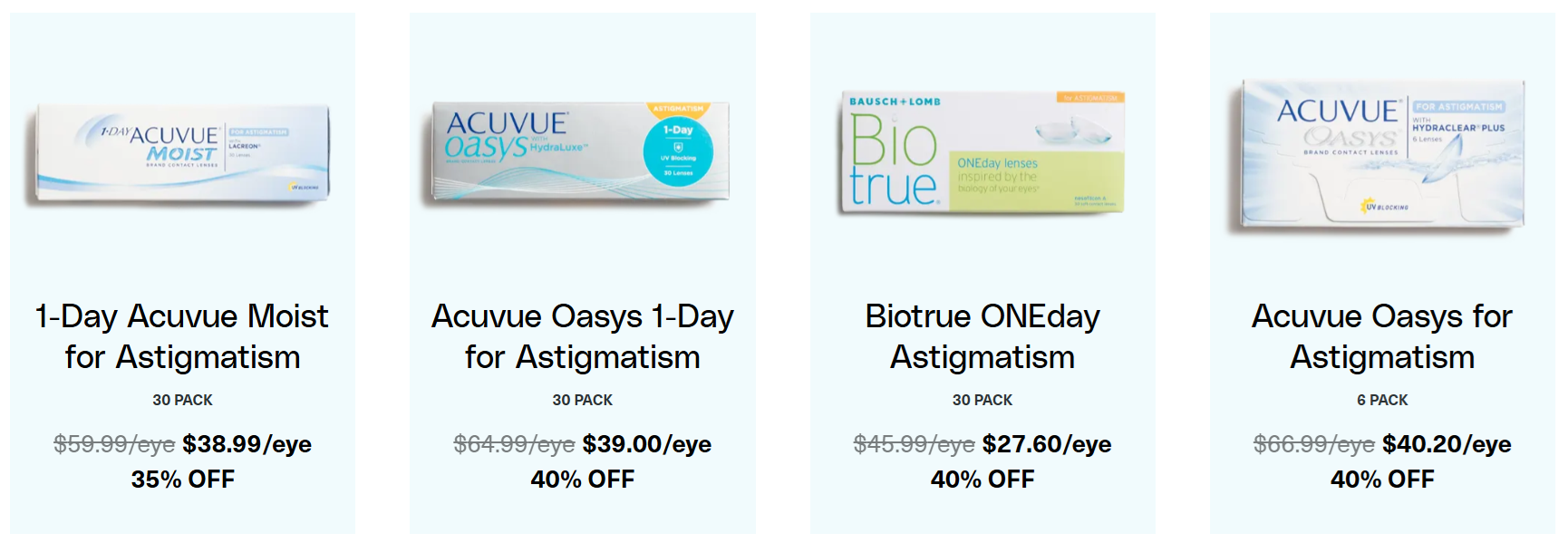 Hubble Contacts selling mainstream brands including 1-Day Acuvue Moist, Acuvue Oasys 1-Day, Biotrue ONEday, and Acuvue Oasys for Astigmatism