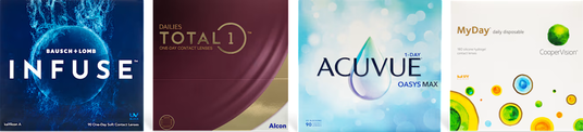 Premium daily disposable contact lens brands: Bausch+Lomb INFUSE, DAILIES TOTAL1, Acuvue Oasys Max 1-Day, and CooperVision MyDay